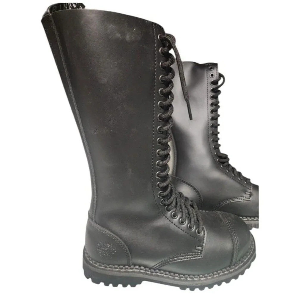 Grinders London England Black 20-Eye Leather Steel Toe Boots Size EU 39 King CS